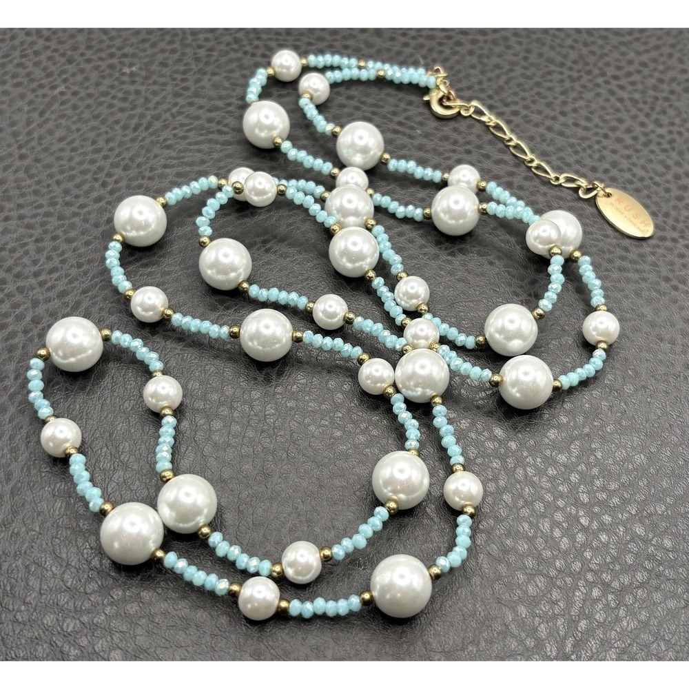Rush by Denis & Charles Faux Pearl Blue Beaded Long Opera Necklace Gold Tone 40"